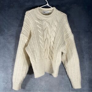 Zara Chunky White Cable Knit Pullover Sweater Women’s Large Cream Crew Neck‎